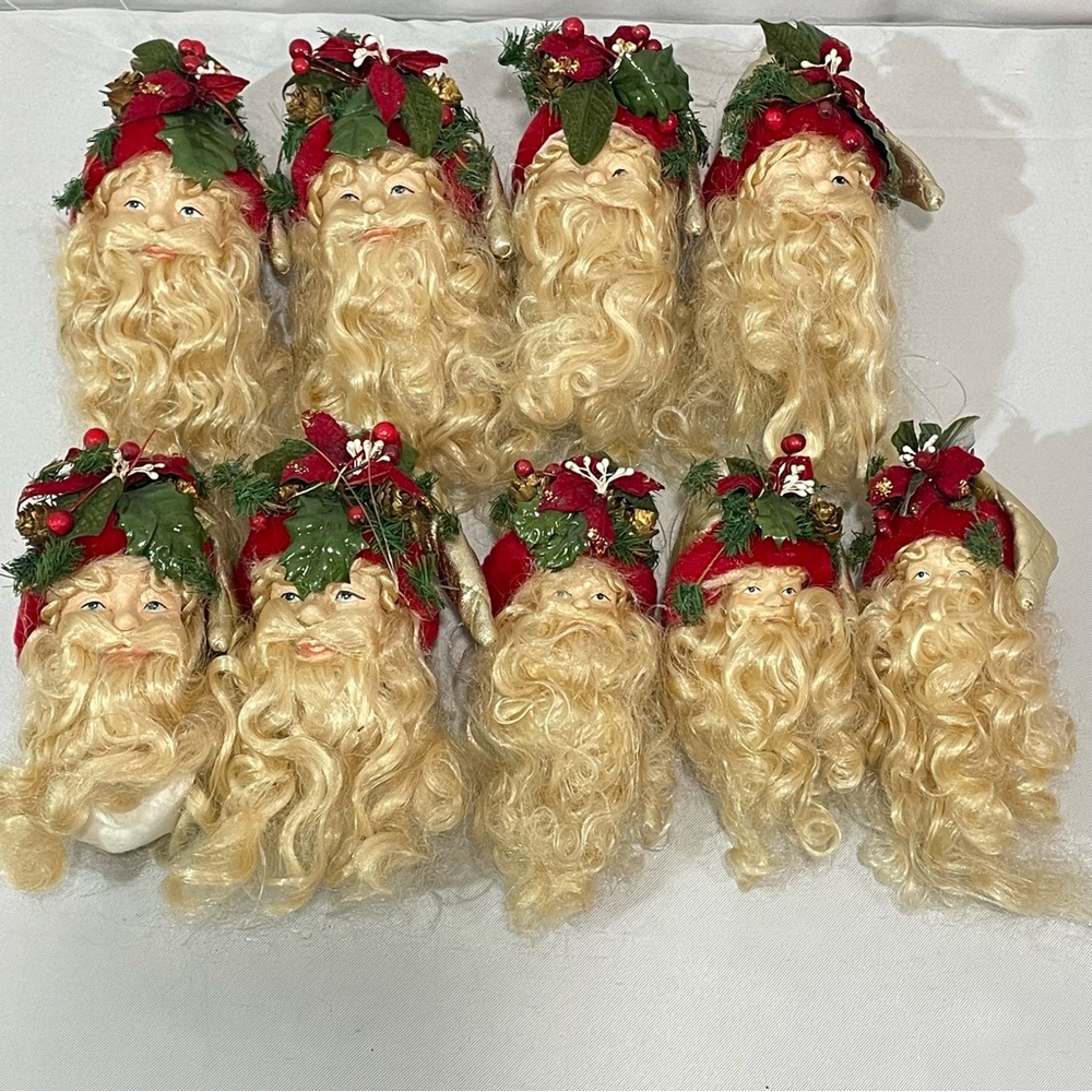 Santa Head Ornaments Curly Fuzzy Beards Resin Faces Quilted Hats Old World Look